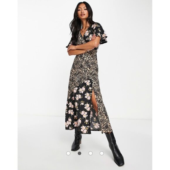 ASOS DESIGN Crinkle Wrap Midi Dress Leopard & Ditsy Floral Print Size 14 - Picture 2 of 13